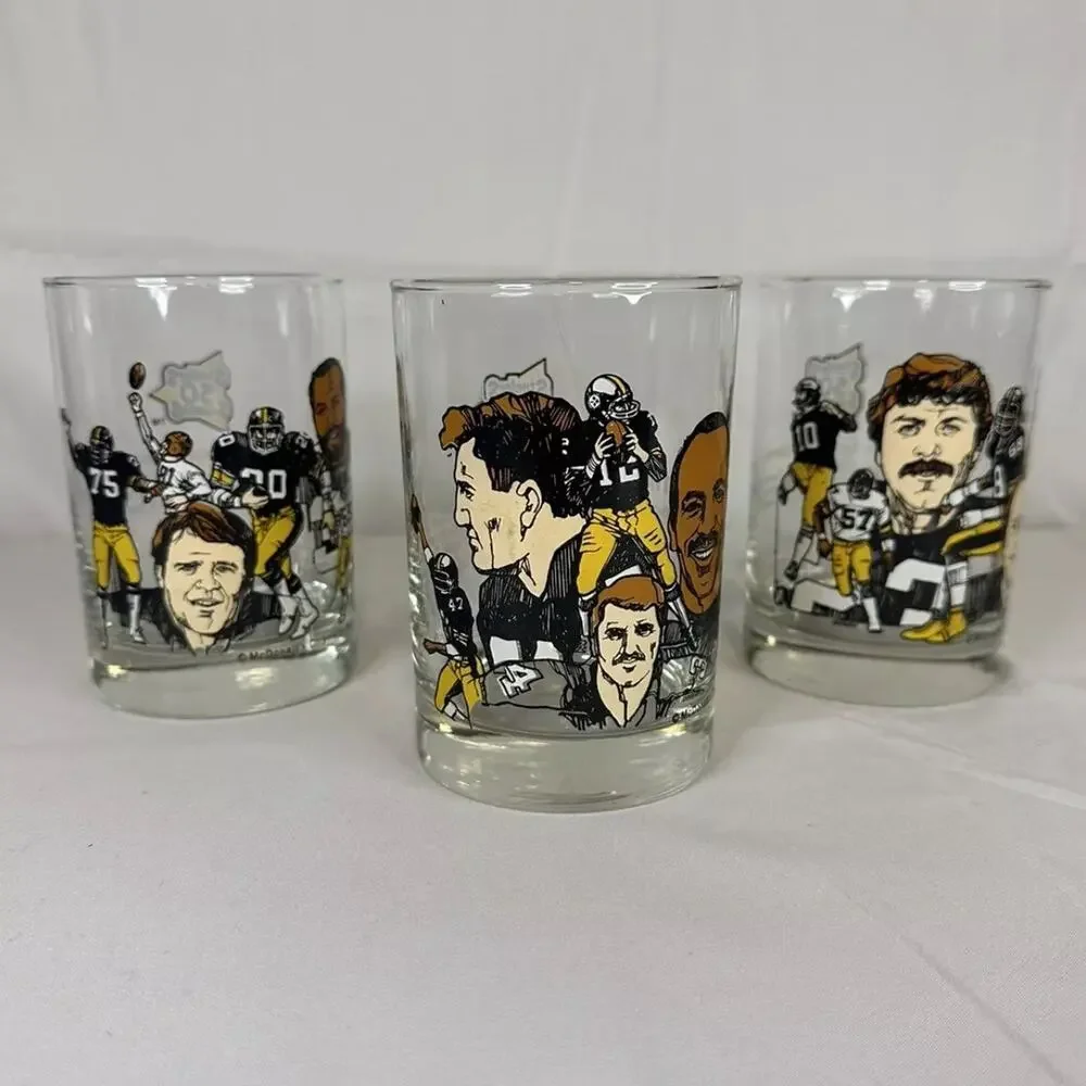 Set of (3) 1990 Pittsburgh Steelers McDonalds Hall of Fame Glass Set - EXC